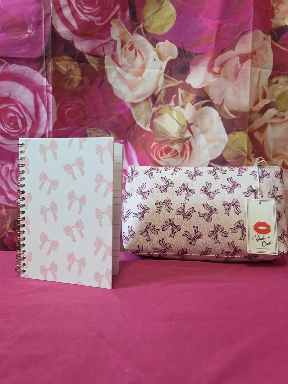 Pretty Pink Bow Tie Travel Bag Pin And Notebook
